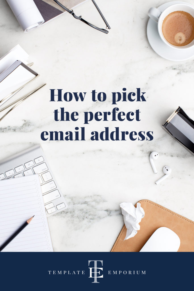 Email address tips. Heading written over a marble desktop with office supplies and a cup of coffee around it.