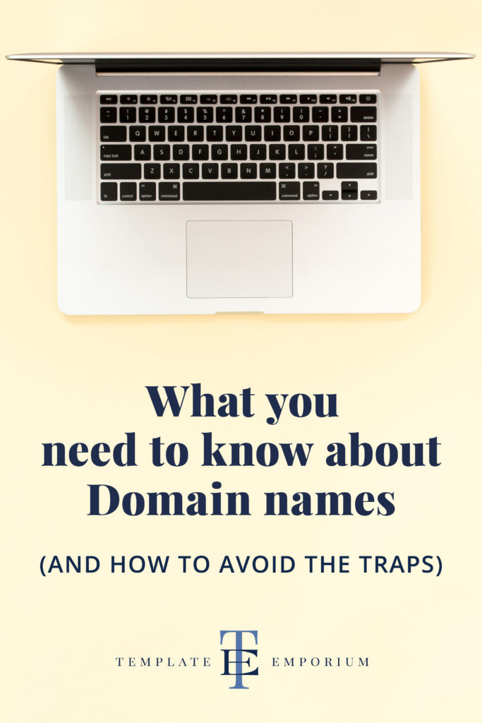 Domain name tips. Written over a lemon coloured background with a mac laptop.