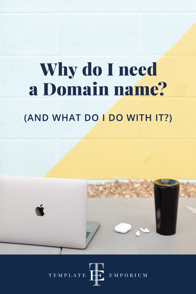 Domain name tips. Heading written over a laptop, and blue and yellow painted wall.