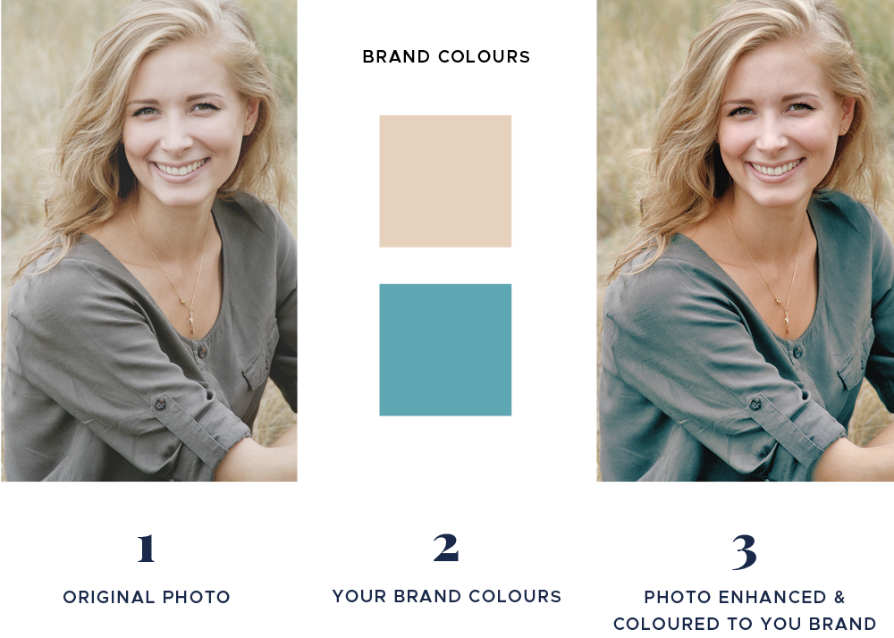 Before and After photos of a girl with website branding colours applied - The Template Emporium