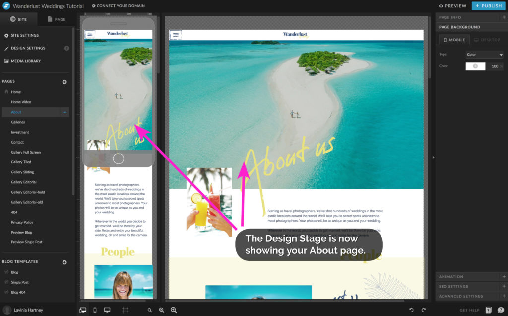 Updating text on the design stage in Showit - The Template Emporium