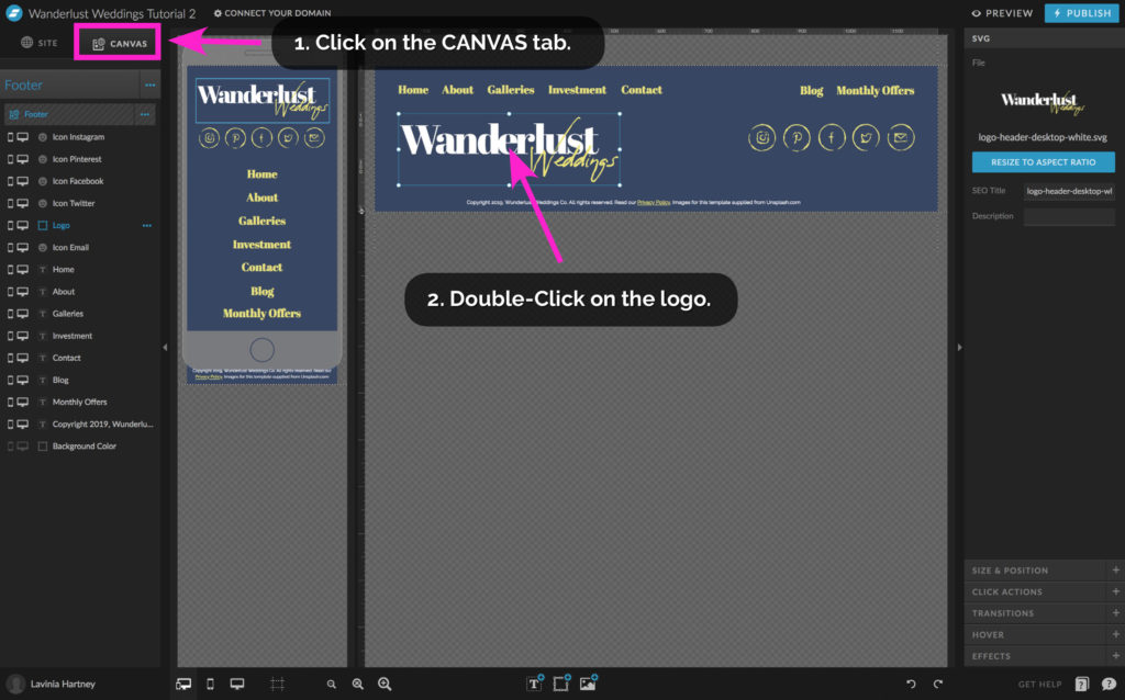 The Footer Site Canvas updating the logo in Showit - The Template Emporium