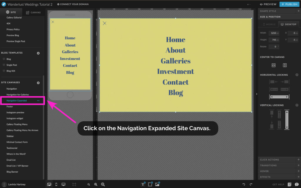 The Navigation Site Canvases in Showit - The Template Emporium