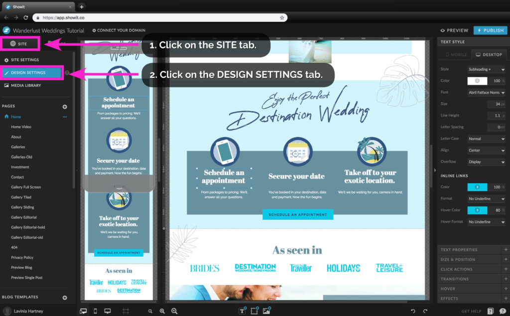The Showit Layout Screen and Design settings tab - The Template Emporium