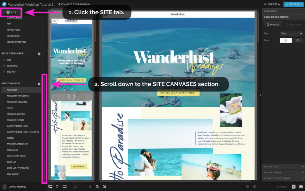 The site tab and site canvases in Showit - The Template Emporium