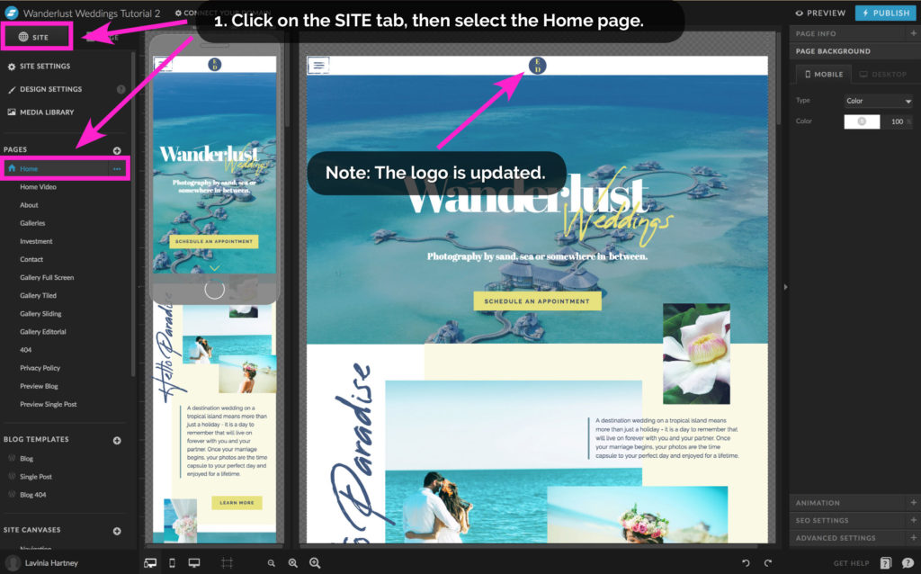 Site Tab on the Home Page on Showit - The Template Emporium