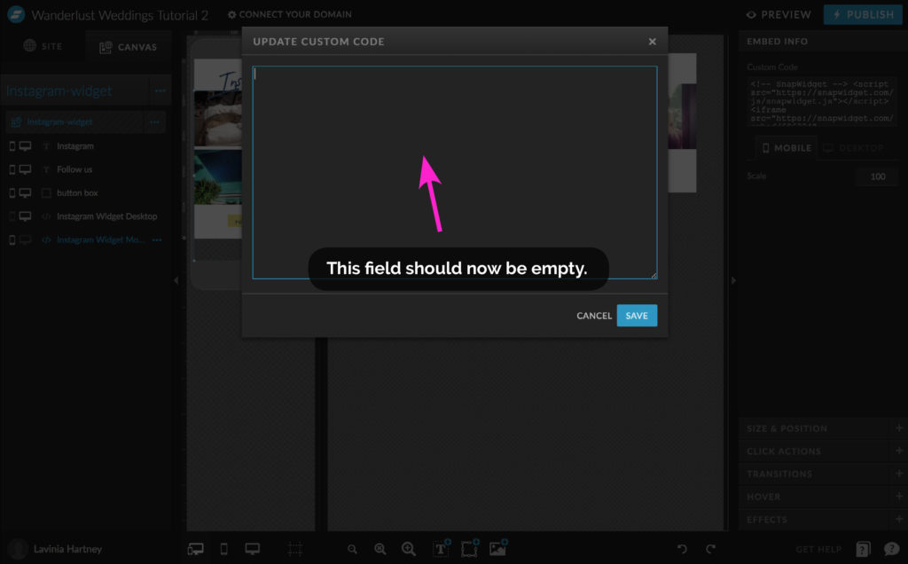 How to add my Instagram feed to a showit website - Empty widget code field in Showit - The Template Emporium