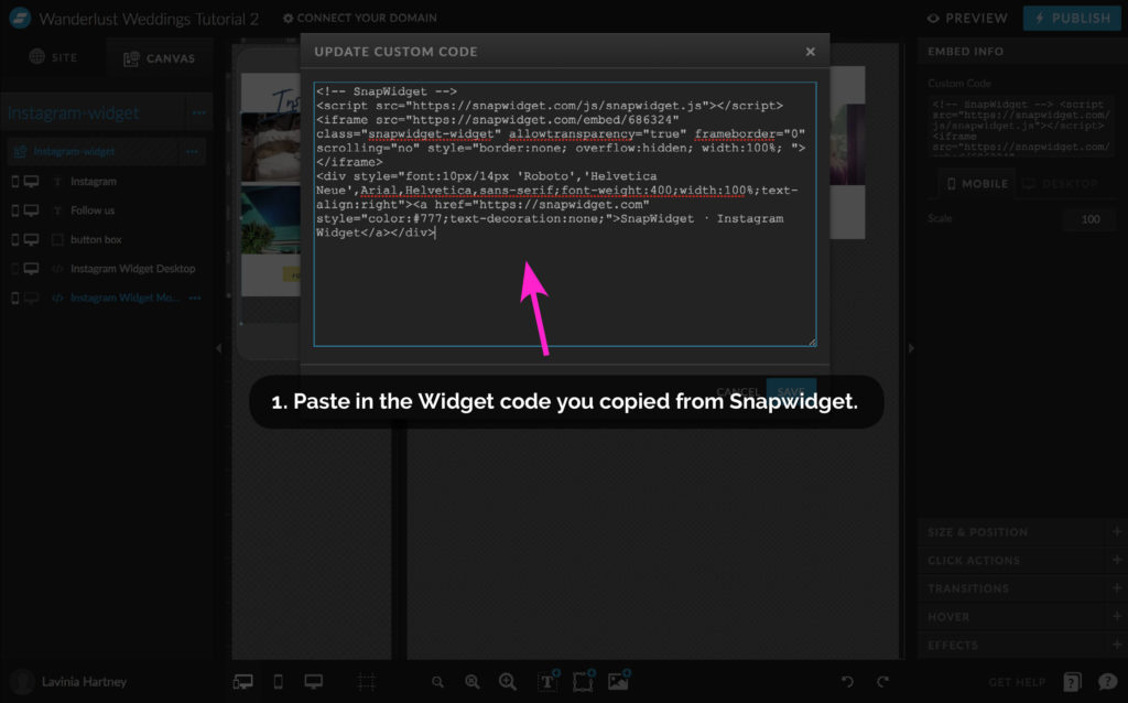 How to add my Instagram feed to a showit website - Pasting in the widget code from Snapwidget - The Template Emporium