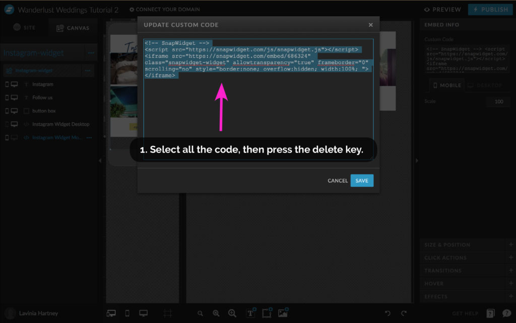 How to add my Instagram feed to a showit website - Deleting the old widget code in Showit - The Template Emporium