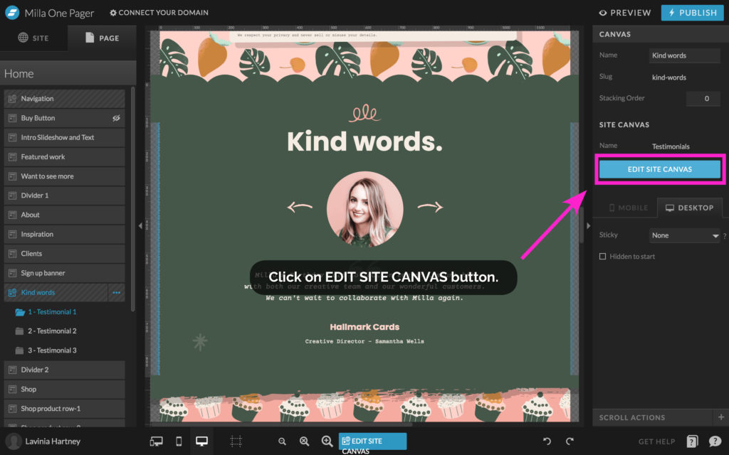 Creating a Client Testimonial in Showit - edit site canvas button - The Template Emporium