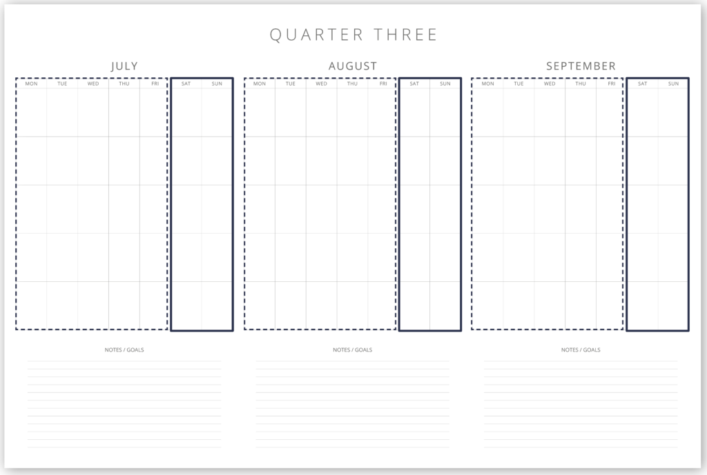 Quarter at a glance weekends marked out - The Template Emporium