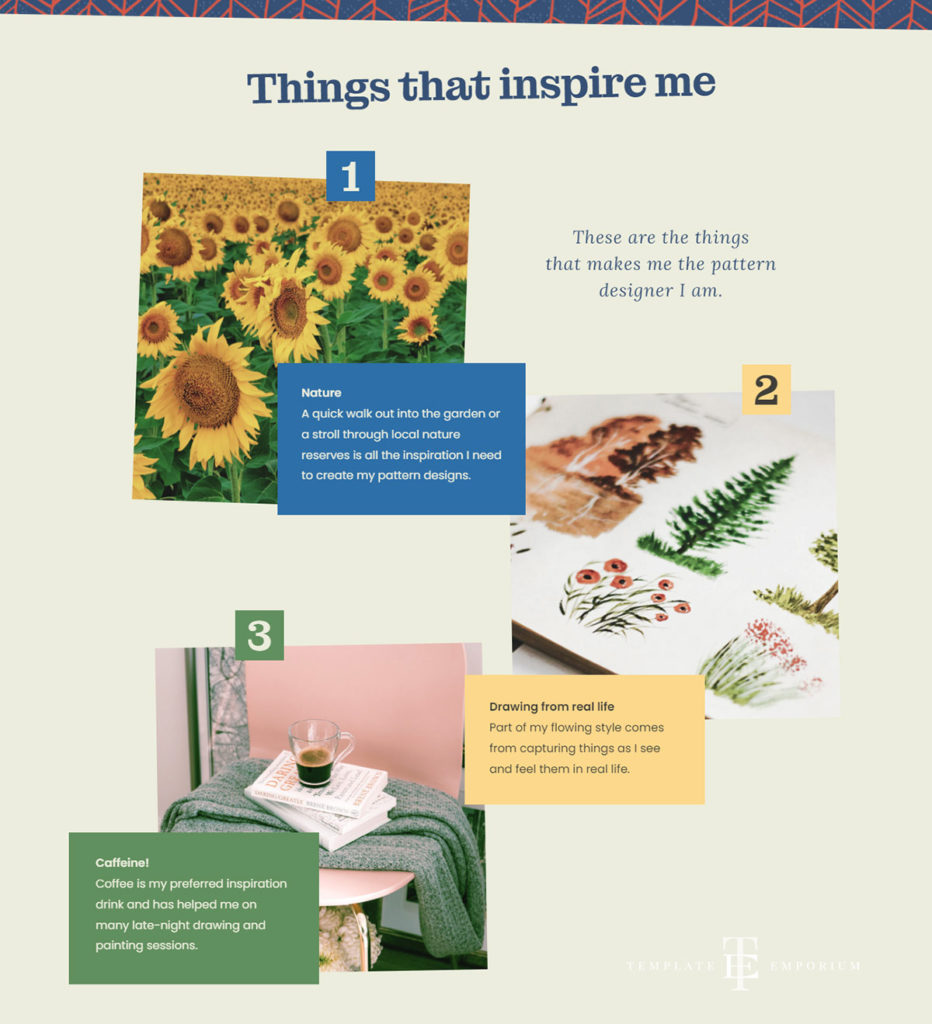 Pattern designer website template - one pager - things that inspire me - The Template Emporium