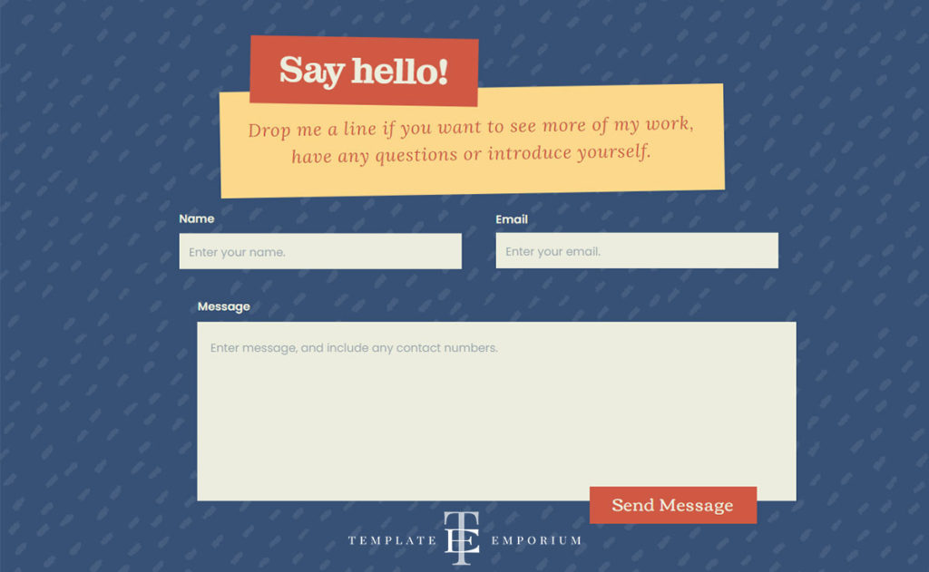 Pattern designer website template - one pager - say hello - The Template Emporium