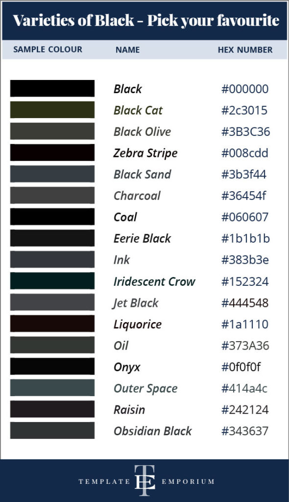 Should you use Black as your Branding Colour - Varieties of Black - The Template Emporium