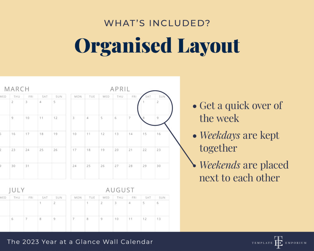 Year at a glance wall calendar - organised layout - The Template Emporium